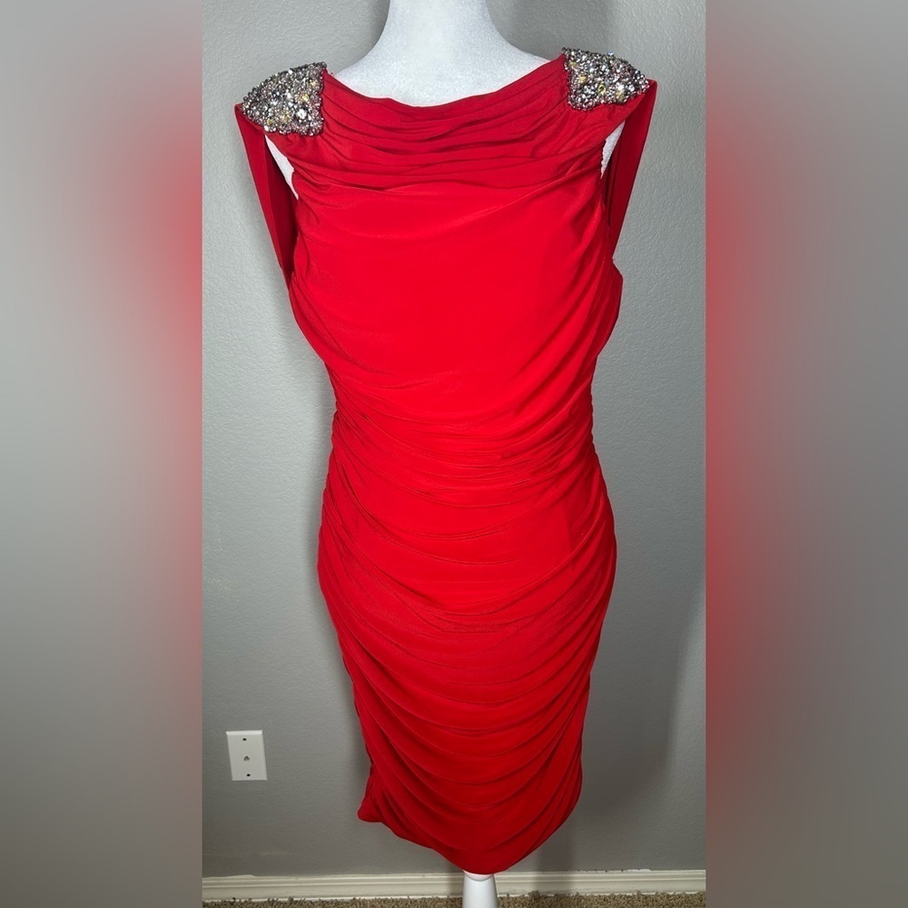 JS Boutique Red Rhinestone Embellished Ruched Cocktail Holiday Dress Size 12 - Picture 3 of 15